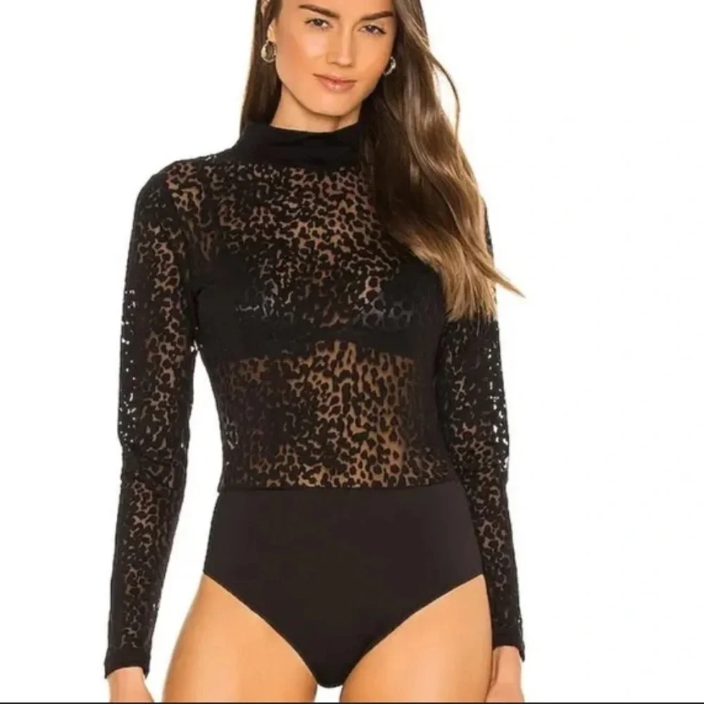 ALLSAINTS Sheer Black Leopard Mock Neck Bodysuit Size 0 / UK 4 - Picture 1 of 5